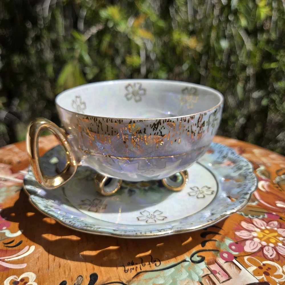 Vntg Lusterware‎ Footed Cup Pierced Saucer Gold trim B. P. Import Japan ART DECO